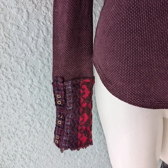 Free People Art School Embroidered S V-Neck Thermal Waffle Knit Long Sleeve Top - Picture 3 of 9